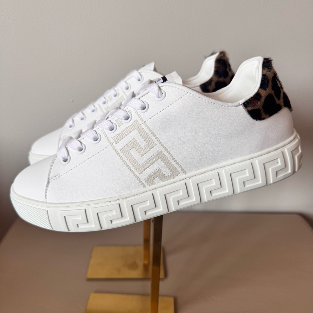 Versace Greca Calf Hair Low Top Sneakers White Leopard Heel Size 39.5 NWT - Picture 4 of 13